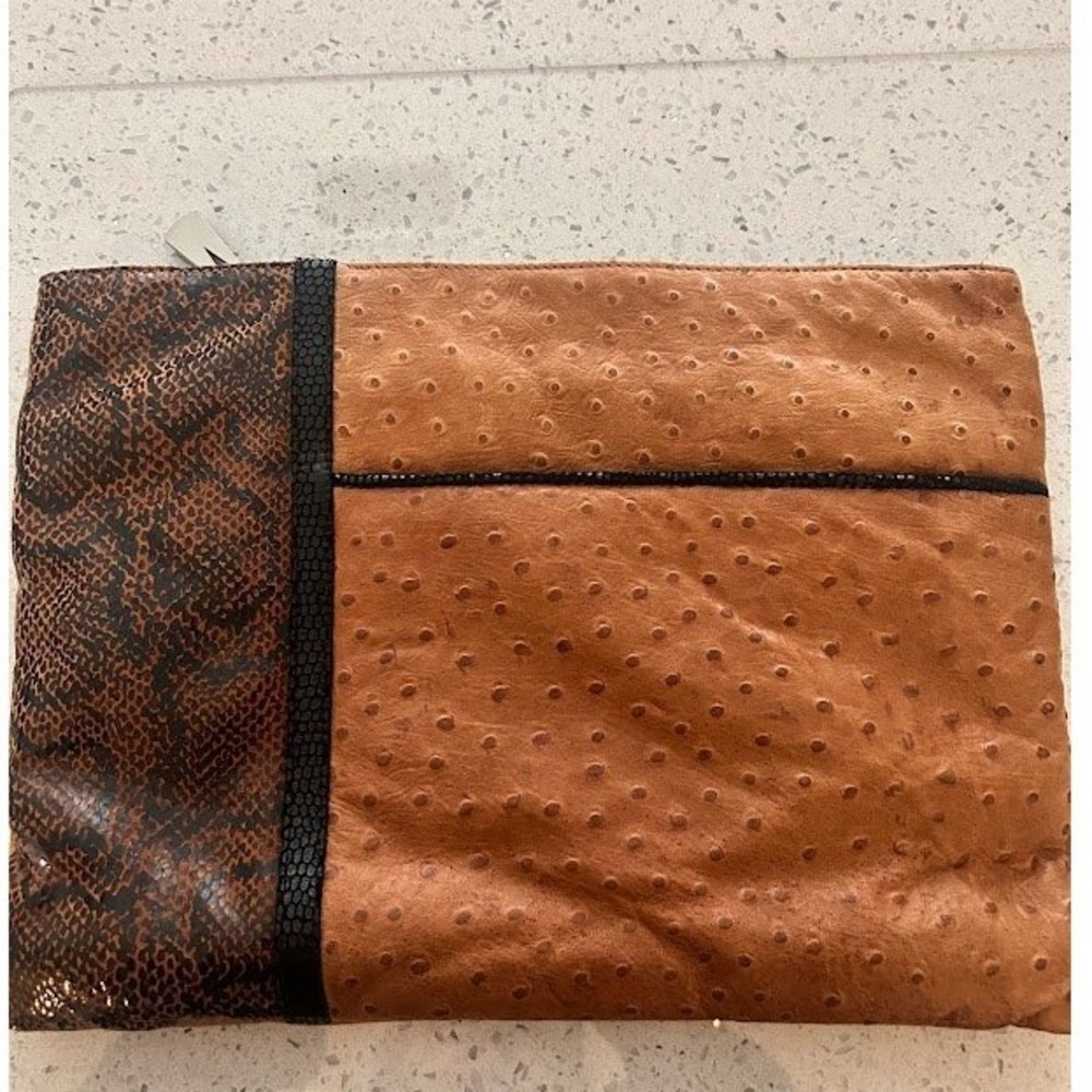 Liza Ganz Vintage Brown Ostrich and Snake Skin Clutch Evening Bag Avant Garde